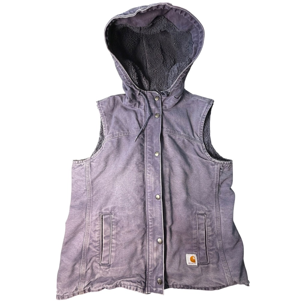 Vtg Carhartt Women's Sandstone Duck Sherpa Lined Hooded Vest Faded Gray Lilac - Picture 9 of 10